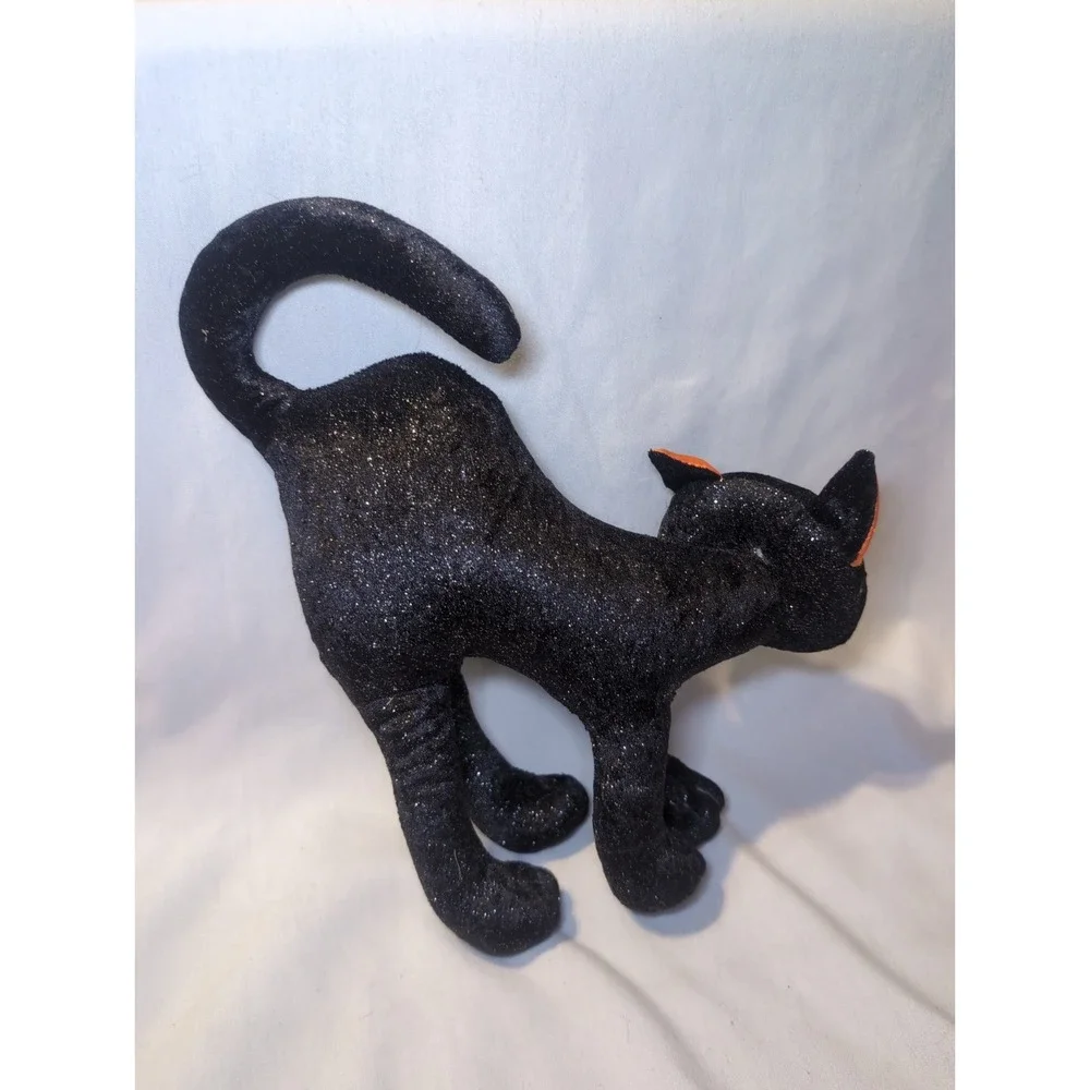 Vintage Arched Shimmery Black Cat Halloween Plush Doll Orange Eyes/Whiskers 12